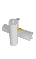 3D realistic render of two clean blank sealant, cement, glue, silicon tube, isolated on white background. Yellow lid.