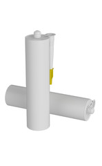 3D realistic render of two clean blank sealant, cement, glue, silicon tube, isolated on white background. Yellow lid.