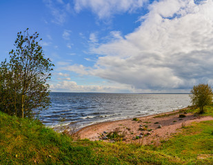 Windy autumn day on the shore of lake Ladoga.