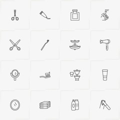 Bathroom line icon set with bidet, mirror  and shampoo