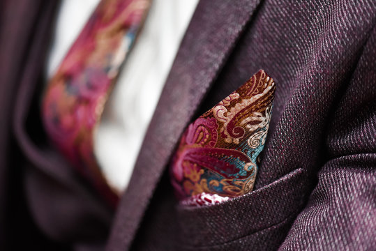 Man In Suit, Plaid Texture, Bow Tie And Pocket Square, Close Up White Background