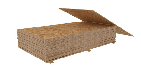 3D render of stack OSB boards. Isolated on white background.
