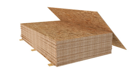 3D render of stack OSB boards. Isolated on white background.