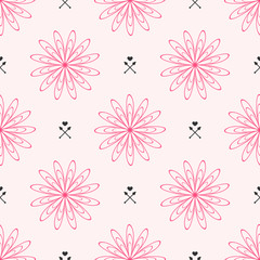 Repeated outlines of flowers and hearts with arrows. Cute floral seamless pattern. Endless feminine print.