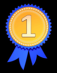 number one 1 award ribbon, 1st first place medal golden blue. champion winner reward, achievement success icon. 3d illustration. isolated on black