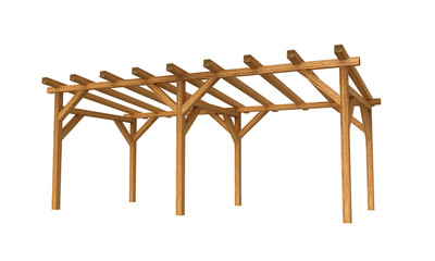 3D realistic render of pergola. Wood construction isolated on white background. 
