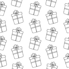 Hand drawn festive pattern with christmas gifts, presents. Vector illustration.