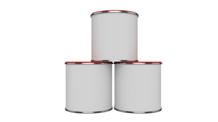 3D realistic render. Composition of three isolated paint can with red lid. Design template.