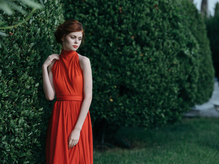 young woman in red dress