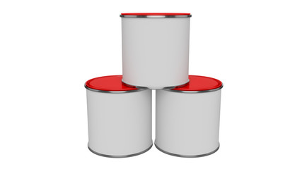 3D realistic render. Composition of three isolated paint can with red lid. Design template.