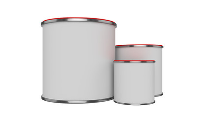 3D realistic render. Composition of three isolated paint can with red lid. Big, medium and small. Design template.