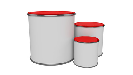 3D realistic render. Composition of three isolated paint can with red lid. Big, medium and small. Design template.