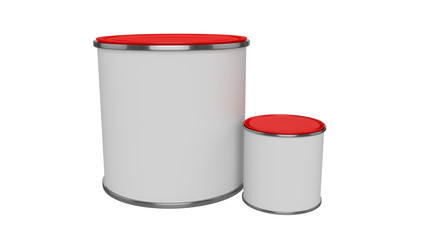 3D realistic render. Composition of two isolated paint can with red lid. Big and small. Design template.