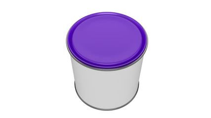 3D realistic render. Composition of single isolated paint can with purple lid. Design template.