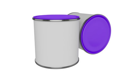 3D realistic render. Composition of two isolated paint can with purple lid. Design template.