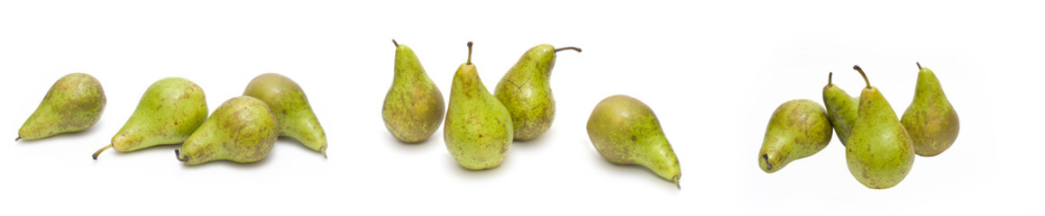Panoramic view of the pears on a white background. Composition of pears on a white background.