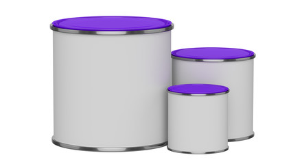 3D realistic render. Composition of three isolated paint can with purple lid. Big, medium and small. Design template.