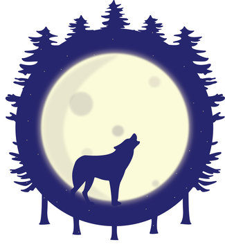 Wolf silhouette howling at the full moon in the forest