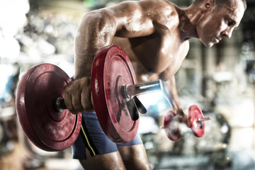 Athletic man training biceps at the gym