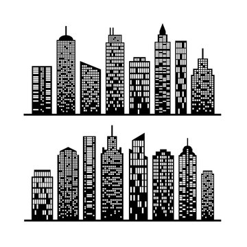 Modern city skyline, building silhouette in night time on white.