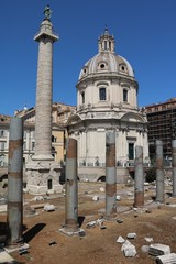 Trajan's Column and Santa Maria di Loreto and Santissimo Nome di Maria al Foro Traiano in Rome, Italy 
