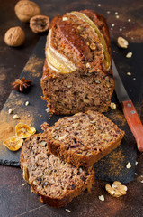 Homemade banana bread with walnut and cinnamon