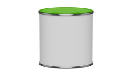 3D realistic render. Composition of single isolated paint can with green lid. Design template.