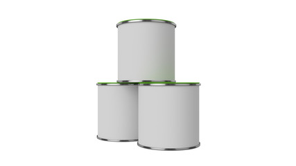 3D realistic render. Composition of three isolated paint can with yellow lid. Design template.