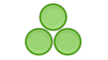 3D realistic render. Composition of three isolated paint can with yellow lid. Design template.