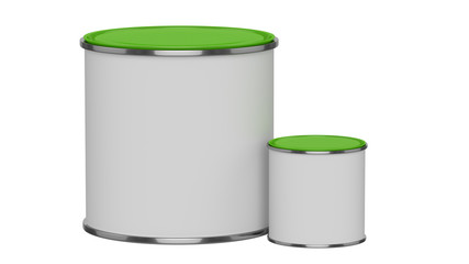 3D realistic render. Composition of two isolated paint can with green lid. Big and small. Design template.