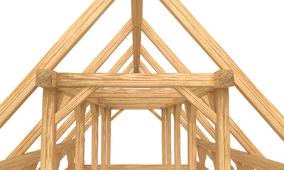 3D render of fresh new wood roof construction. Isolated on white background.