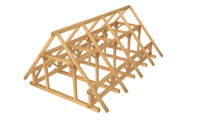 3D render of fresh new wood roof construction. Isolated on white background.