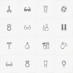 Beauty line icon set with ring, razor and spectacles