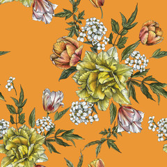 Floral seamless pattern with watercolor tulips and jasmine flower