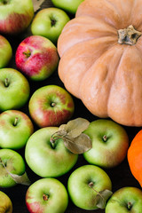 Apples and Pumpkins on the Wooden Background Thanksgiving Seasonal Fruits and Vegetables Harvest Harvesting