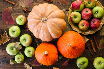Apples and Pumpkins on the Wooden Background Thanksgiving Seasonal Fruits and Vegetables Harvest Harvesting