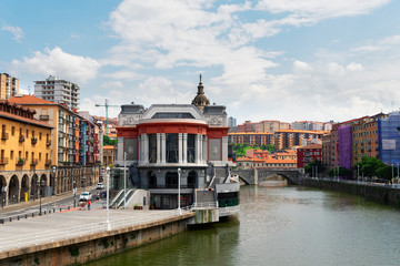 view of old town of Bilbao with river Nervion, Spain