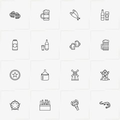 Beer line icon set with bottle of beer, beer and fishes