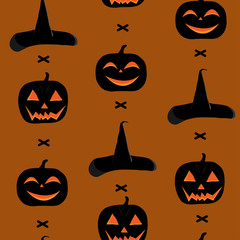 A seamless pattern for the day of Halloween, with pumpkins, a broom and a witch hat
