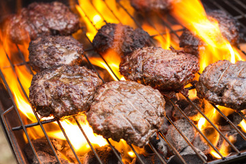 Flame Broiled Hamburger On An Open Grill, Delicious Barbecued Meat