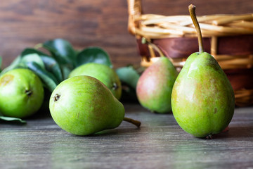 Fresh organic pears and basket on rustic wooden table. Fruit background. Pear autumn harvest.