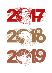 Rooster 2017. Dog 2018. Pig 2019. Symbols of the years on the Chinese calendar. 
