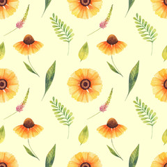 Watercolor seamless pattern with orange flowers on yellow background