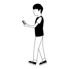 Young man walking and using smartphone vector illustration graphic design