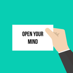 Man showing paper OPEN YOUR MIND 