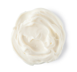 Cream cheese, isolated on white background, top view.