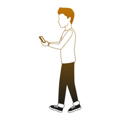 Young man walking and using smartphone vector illustration graphic design