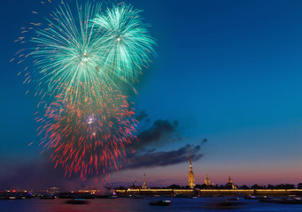 Fireworks over Neva river. Saint Petersburg. Russia
