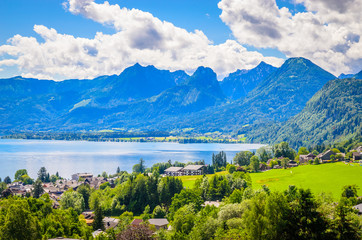 Fototapeta na wymiar Aerial view on Wolfgangsee lake, Salzkammergut, Austria, Europe