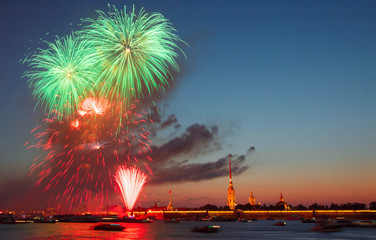 Fireworks over Neva river. Saint Petersburg. Russia
